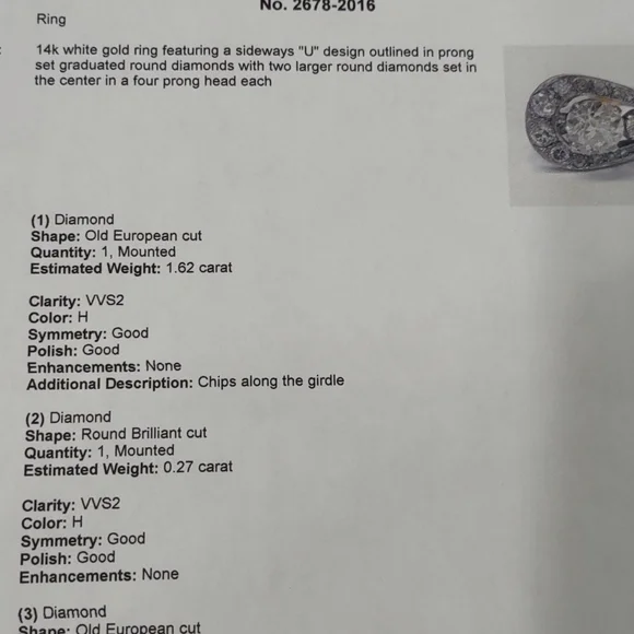 Old European cut diamond ring 14kt white gold U design - Picture 9 of 17